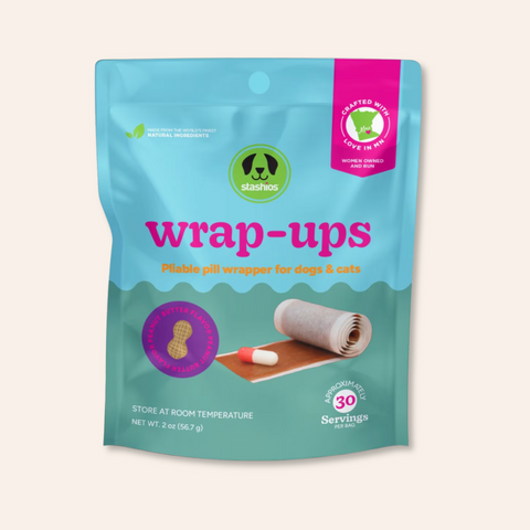 Package of 'wrap-ups' for dogs and cats with a blue and green design.