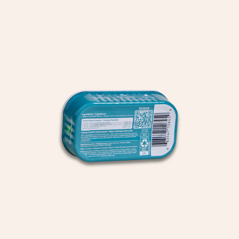 Blue rectangular container with labels and a QR code on a light gray background