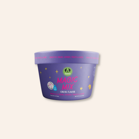 Purple container of 'Magic Mix' cheese flavor on a light purple background