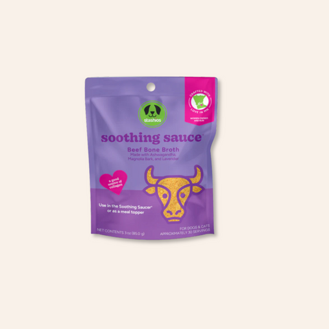 Purple package of 'soothing sauce' with a cow illustration on a beige background