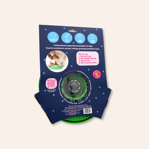 Green pet product with blue packaging on a light gray background