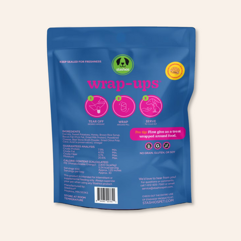 Blue packaging of 'wrap-ups' with branding and text on a light gray background