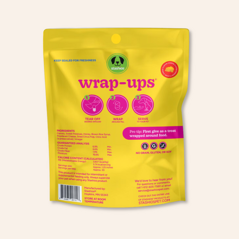 Yellow package of 'wrap-ups' with branding and text on a light beige background