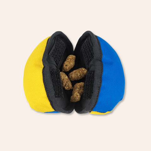 The Clam Treat Toy: Blue & Yellow