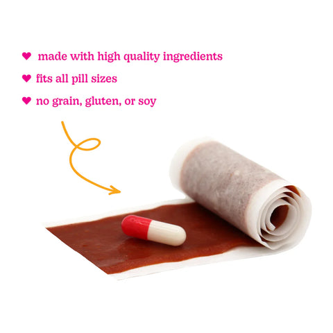 Roll of brown paper with a red and white pill on a white background, featuring text about high-quality ingredients and allergen-free nature.