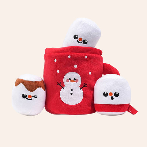 Set of snowman-themed plush toys including a bag on a white background