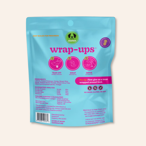 Blue package of 'wrap-ups' with branding and text on a light pink background