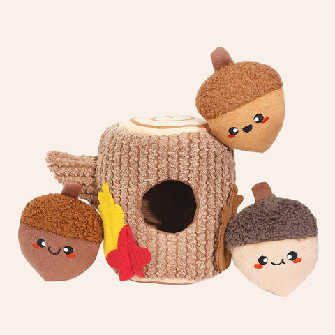 Plush toy set with a tree stump and acorn characters on a white background