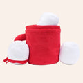 Red plush toy with white accents on a white background
