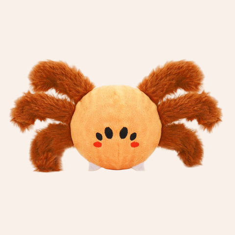 Plush toy spider with a round body and brown legs on a white background