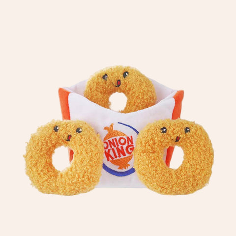 Three plush onion rings with a 'Onion King' logo on a white background