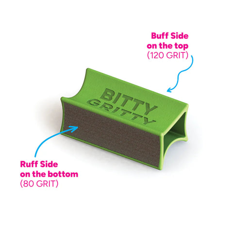 Green sanding block with text indicating 'Bitty Gritty' brand and grit levels on a white background.
