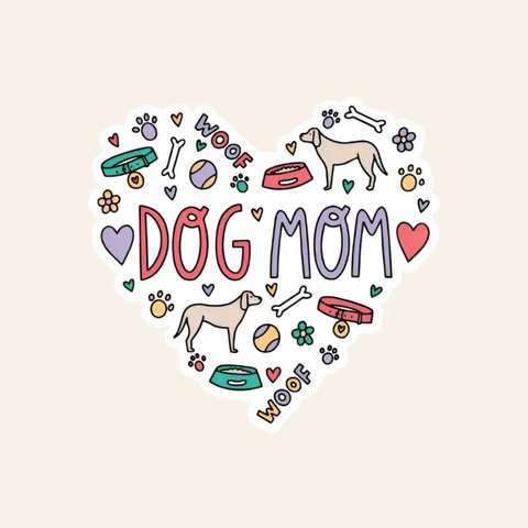 Heart-shaped sticker with 'DOG MOM' text and various dog-related illustrations on a beige background