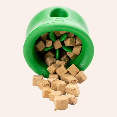 Green pet toy with treats spilling out on a white background