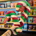 Candy cane-shaped toy held by a person with a store shelf in the background