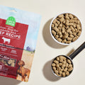 Open Farm grass-fed beef recipe dog food packaging with bowls of dog food on a beige background