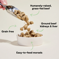 Dog food being scooped into a bowl with text highlighting ingredients