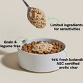 Dog food bowl with pet food, spoonful above, and text about ingredients on a beige background