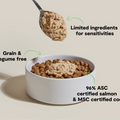 Dog food in a bowl with text highlighting ingredients and certifications on a beige background