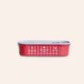 Red can of pet food with white label on a light pink background