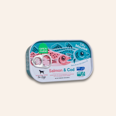 Can of Open Farm Salmon & Cod Mousse for dogs on a white background