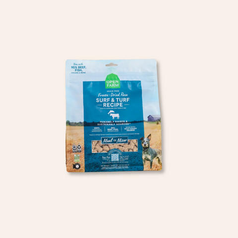 Package of Open Farm Surf & Turf recipe dog food on a white background