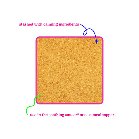 Lick mat with text indicating calming ingredients and usage instructions on a white background