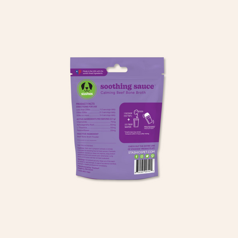 Purple package of 'soothing sauce' with brand logo on a white background