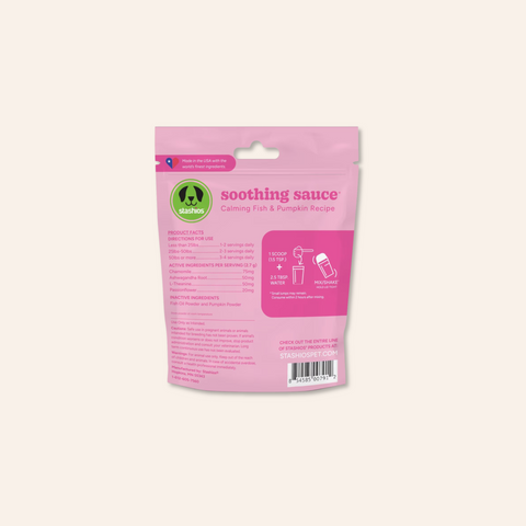 Pink package of soothing sauce with a brand logo on a white background