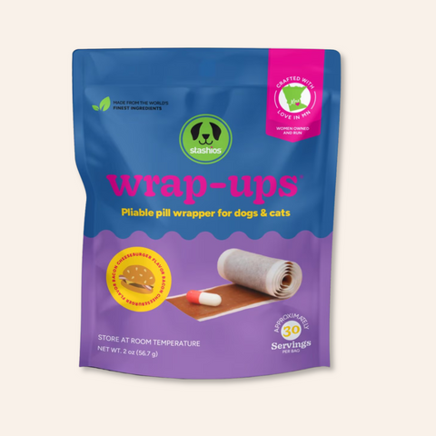Packaging of Stashios Wrap-ups pill wrapper for pets on a beige background