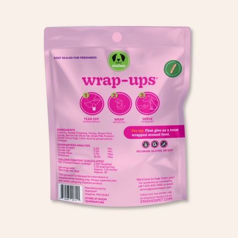 Pink package of 'wrap-ups' with Stash logo on a white background