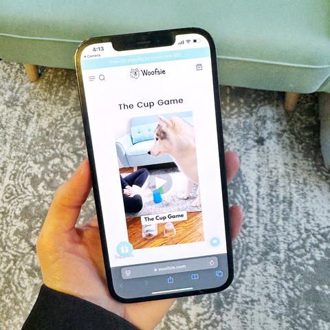 Person holding a smartphone displaying the Woofsie app with 'The Cup Game' on a carpeted floor.