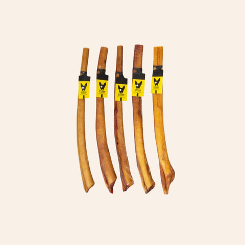 Five dog bully chew toys with tags on a beige background